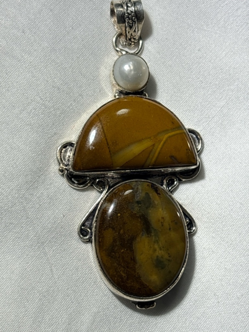 Sterling Silver Jasper & Pearl Pendant – Vintage Artisan Statement